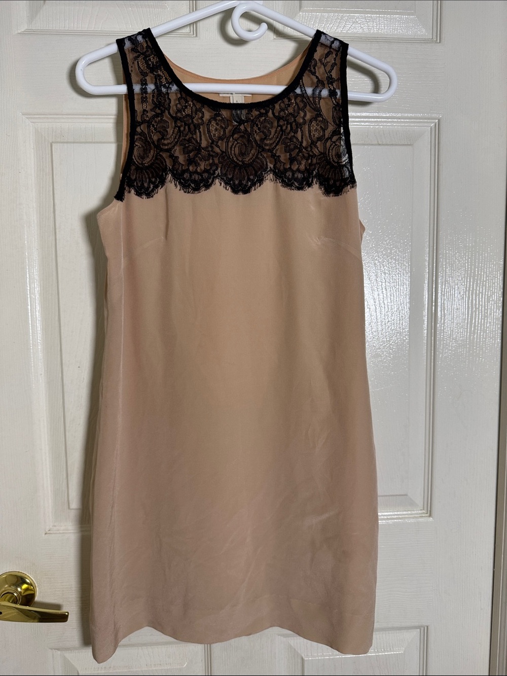 J. Crew Beige/Tan Silk Slip Dress with Black Lace Trim Lined Sz 6